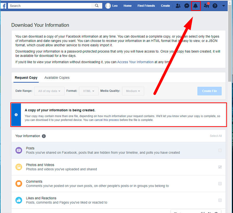 Facebook. Click on the Create file button located over the list of data