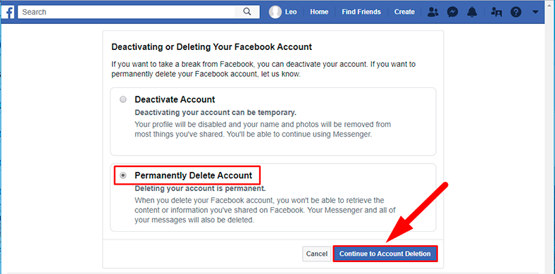 Facebook. Permanently delete account