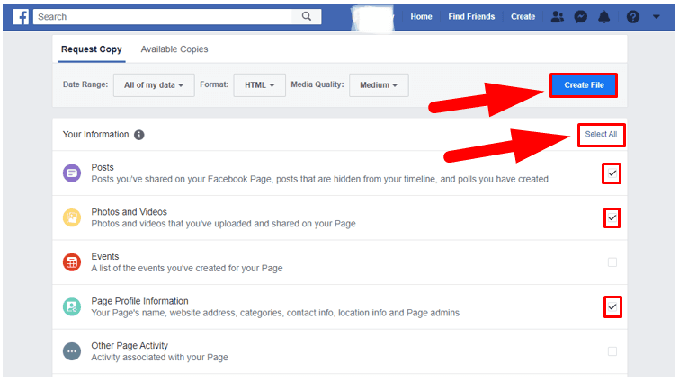 Facebook. Create file