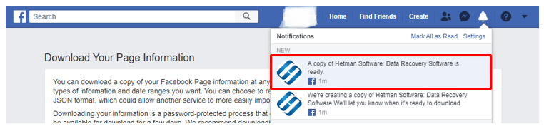 Facebook notification that the archived file is ready for download