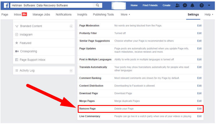 Facebook. Remove Page