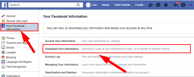 Facebook. Download Your Information