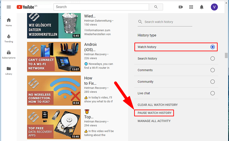 YouTube. Pause watch history