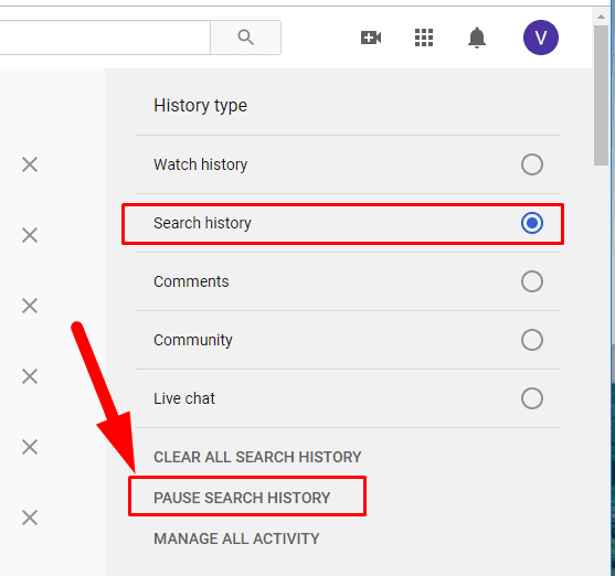 Checking the option for Search history, you can turn off collecting YouTube data on all searches for videos