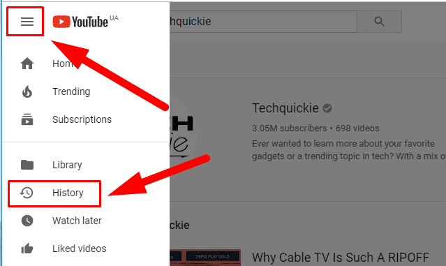 YouTube. Menu/ History