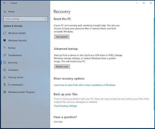 Windows 10 Settings Recovery Reset