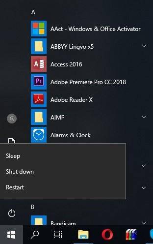 Windows 10 Start menu - Shut down