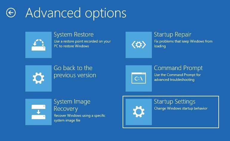 Windows 10 Restore Mode Startup settings