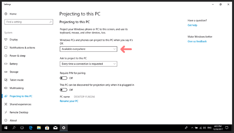 Windows 10 settings Every time a connection is requested