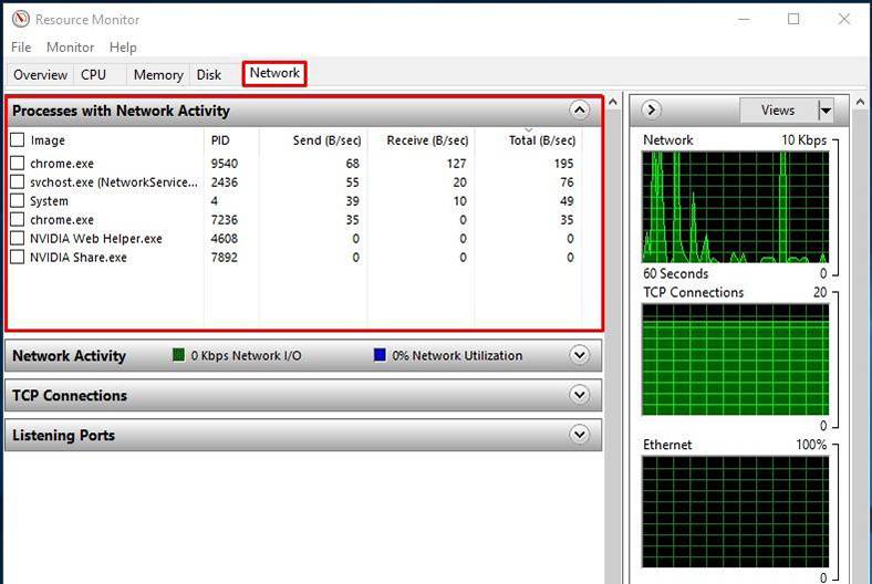 Task Manager network activity