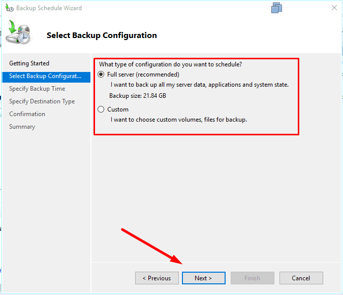 Página de seleção do tipo de configuração