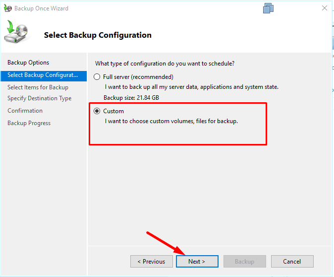 Página de seleção do tipo de configuração