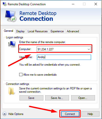 Connection to remote desktop