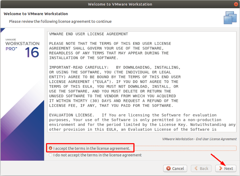Aceptamos las condiciones del acuerdo de licencia VMware workstation 16 Pro