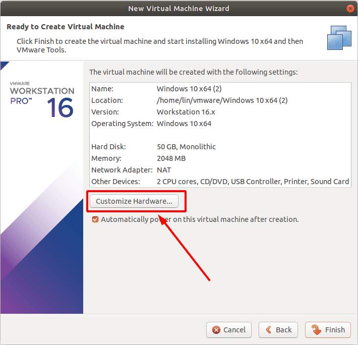 Configurações da máquina virtual 