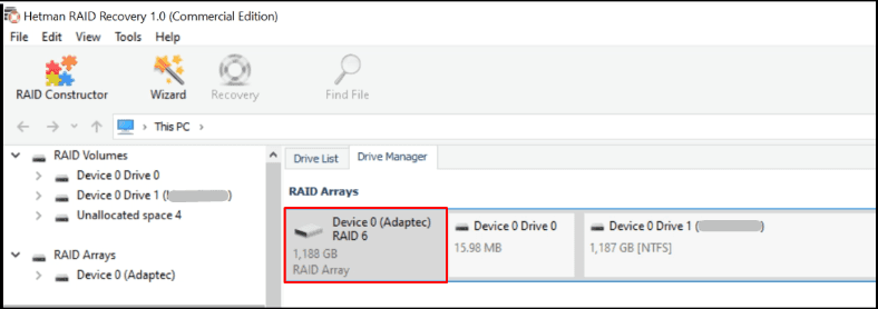 Inicio de la utilidad, Hetman RAID Recovery detectó inmediatamente el tipo