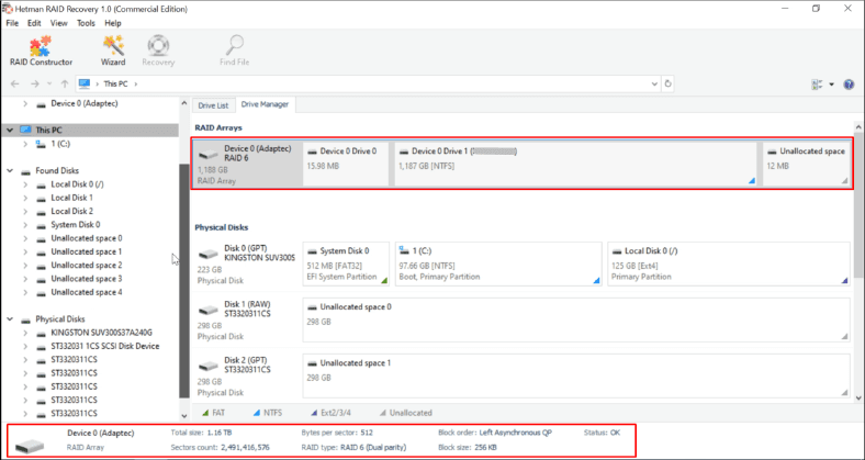 Hetman RAID Recovery das Array initialisiert