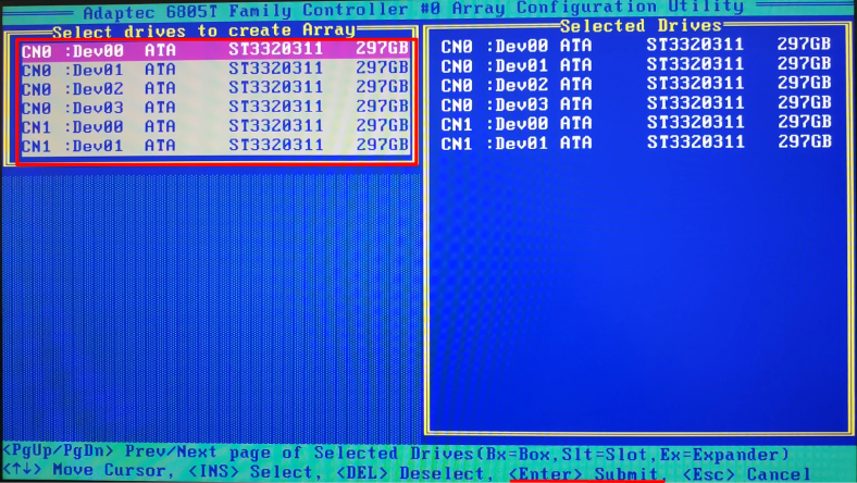 Array configuration. Adaptec Raid 6805t. Adaptec Raid configuration Utility. Array configuration Utility. System configuration ><Controller name> > array configuration > create array.