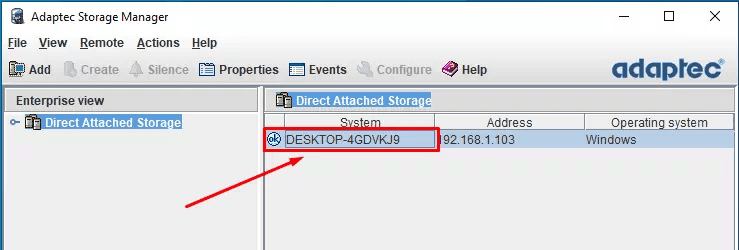 The main window of Adaptec Storage Manager, select the computer to work with