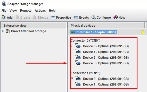 The list of drives connected to the adapter