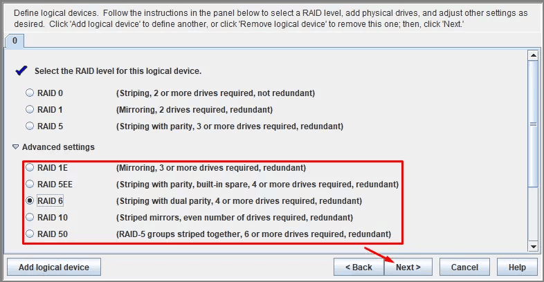 Select the required array type from the extended list in the Custom configuration