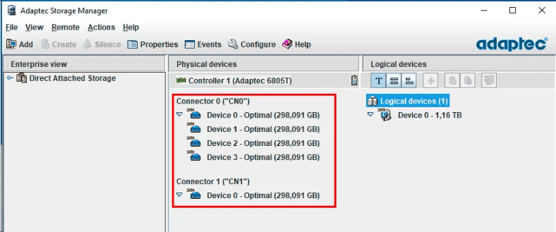 Adaptec Storage Manager - open array properties