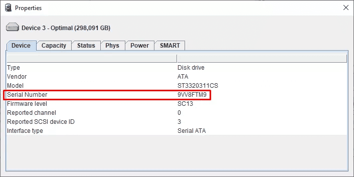 Serial Number número de serie del dispositivo