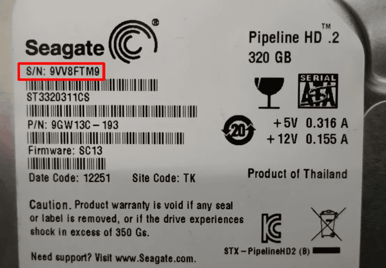 Seagate Pipeline HD.2 بسعة 320 جيجا بايت، الرقم التسلسلي على الملصق