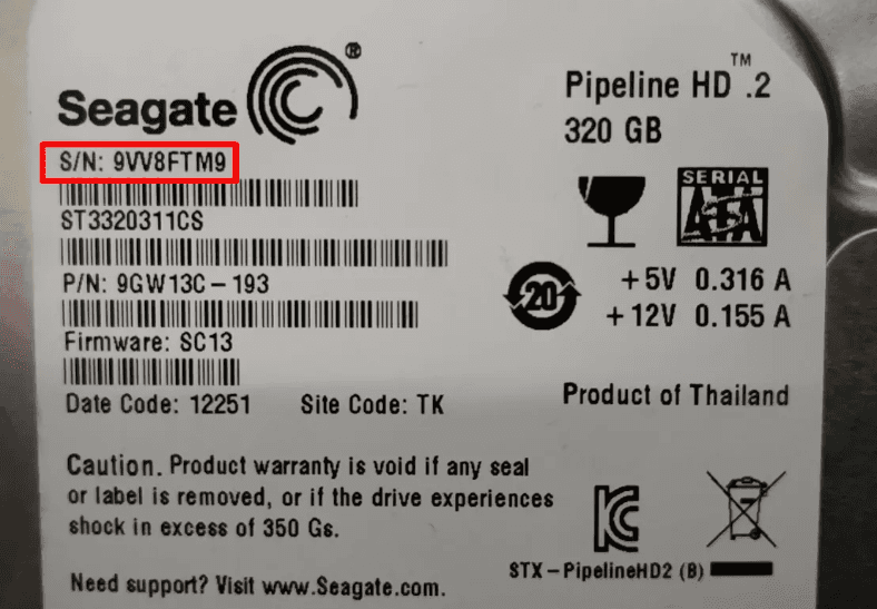 Seagate Pipeline HD.2 with the capacity of 320 ГБ, the serial number on the sticker