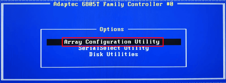Lista de comandos del controlador Adaptec vamos a la línea Array Configuration Utility