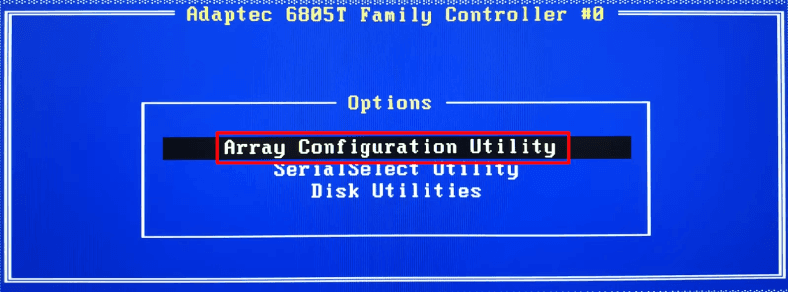 Lista de comandos do controlador Adaptec vamos para a linha do Utilitário de Configuração de Matriz