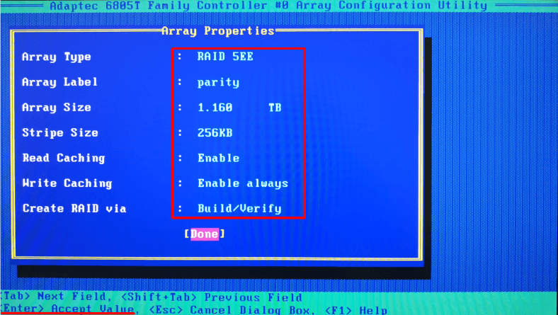 Selecting properties in the page “Array Properties”.