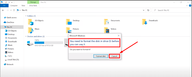 you need to format the disk in drive raw