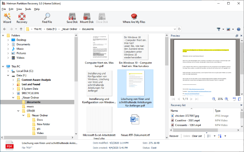 Hetman Partition Recovery. Vista previa de los archivos