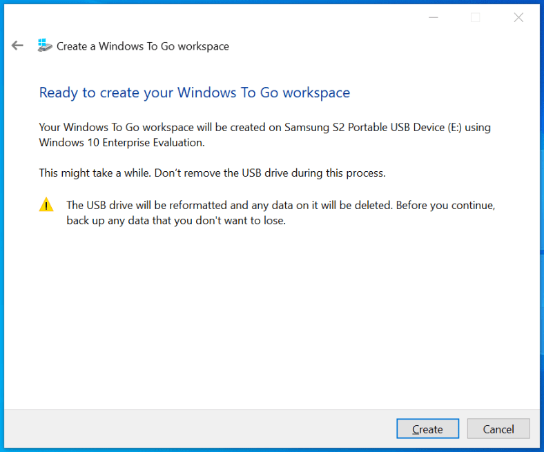 Confirme la creación de un espacio de trabajo Windows To Go
