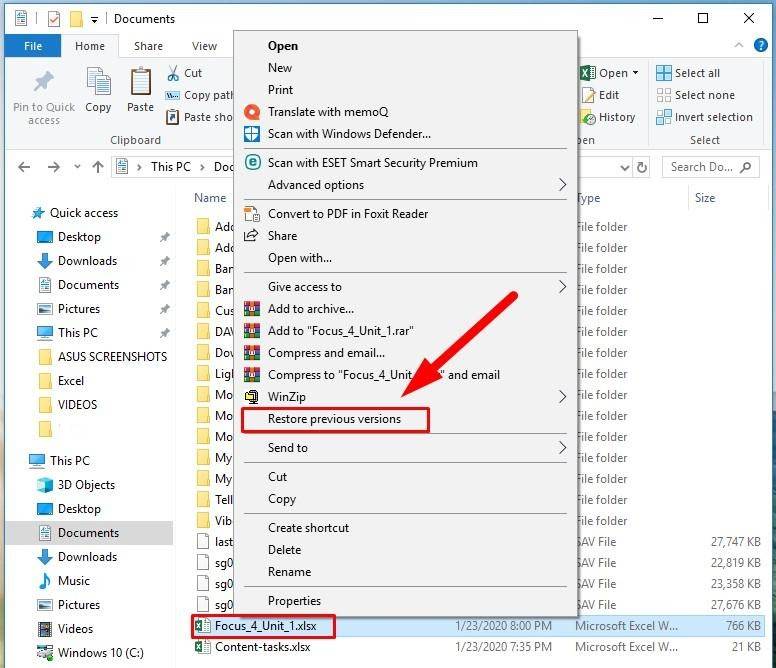 recover previous version of excel file 2016