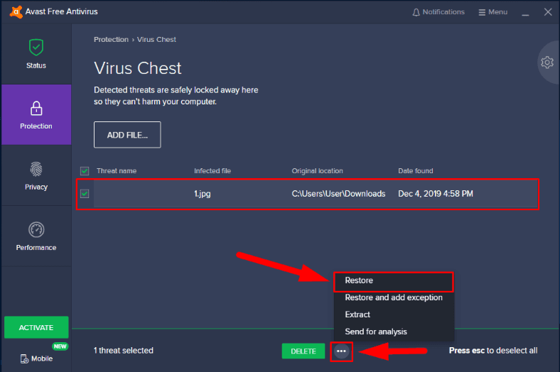 how to restore avast deleted files