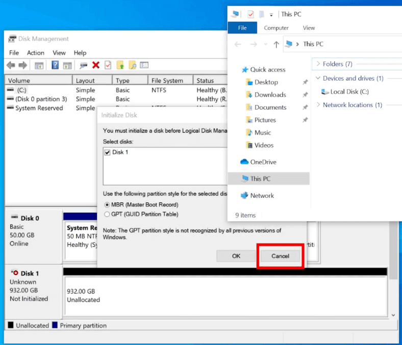 When prompted to initialize the disk, click Cancel or the information will be erased