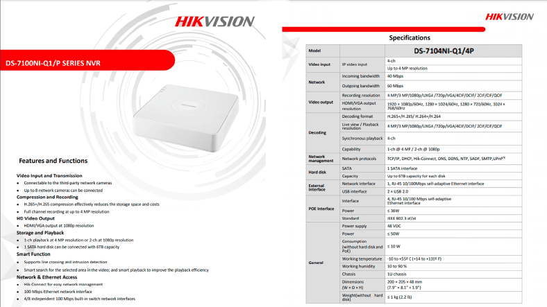 Listado de las características de Hikvision DS-7104NI-Q1/4P