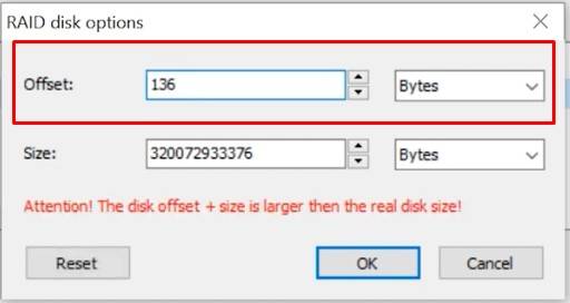 Specify the properties and the offset to locate the beginning of the disk