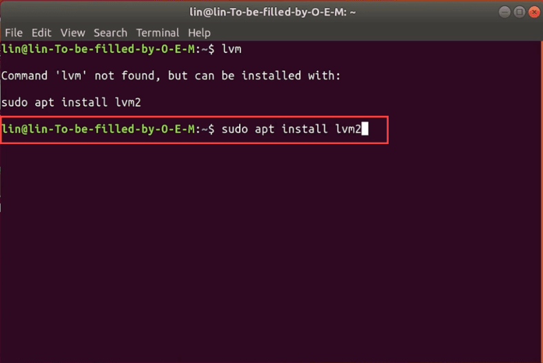 The command for installation: <b>sudo apt install lvm2