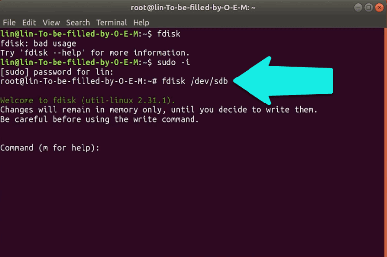 Tapez la commande fdisk /dev/sdb