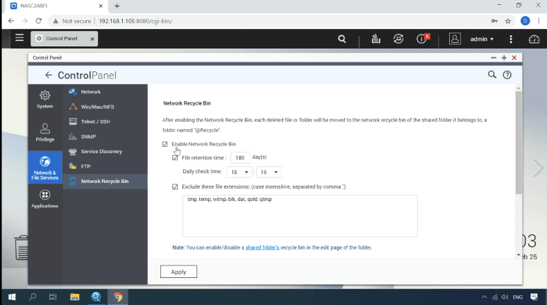 Network Recycle Bin settings