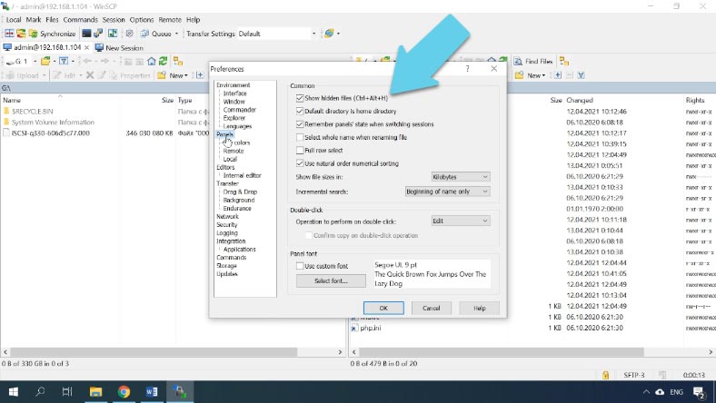 WinSСP settings for displaying hidden files