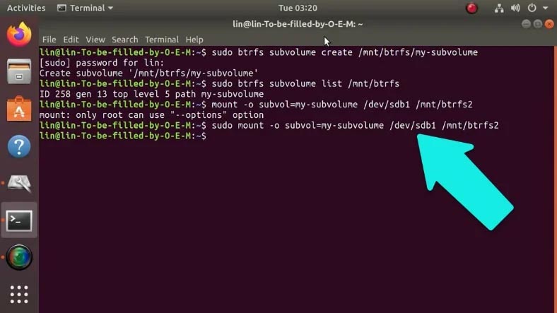 Montagem de subvolumes via terminal