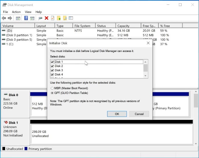 Initializing and formatting drives in Disk Management