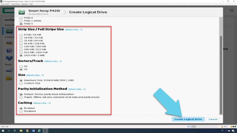 Depois de especificar todos os parâmetros, clique em Create logical Drive