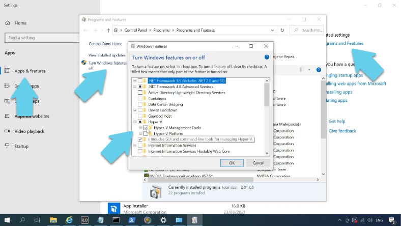 Installing the Hyper-V component in Windows 10