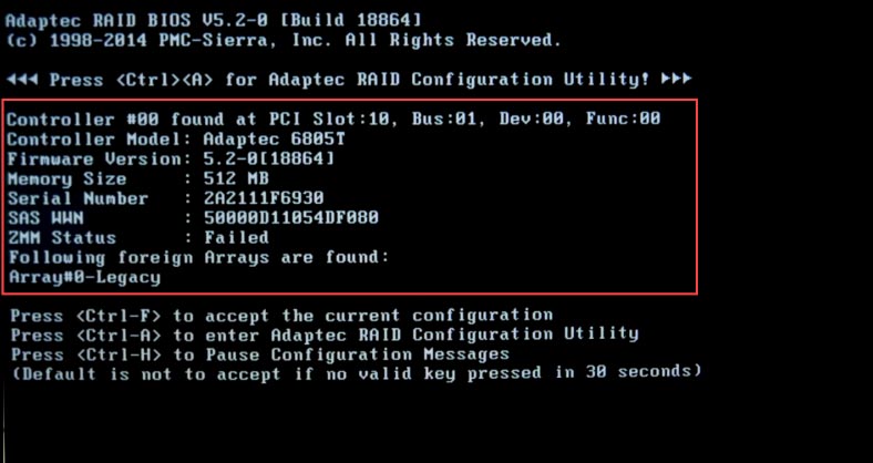 Adaptec ASR 6805T failed to detect array parameters