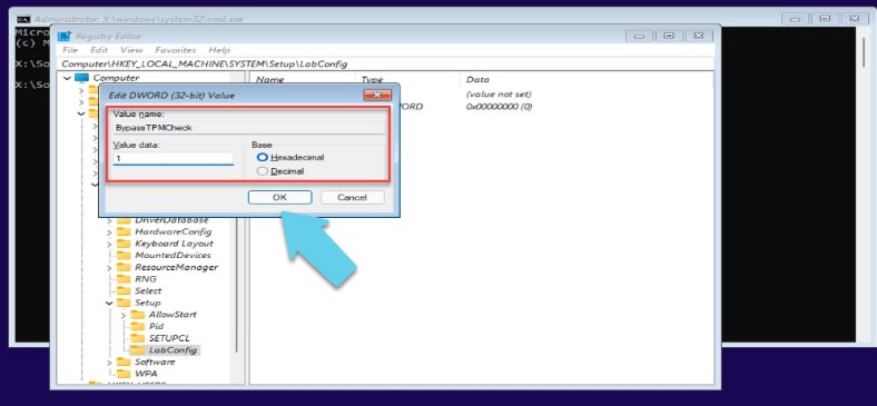 Erstellen Sie einen DWORD-Parameter und ändern Sie den Namen in BypassTPMCheck